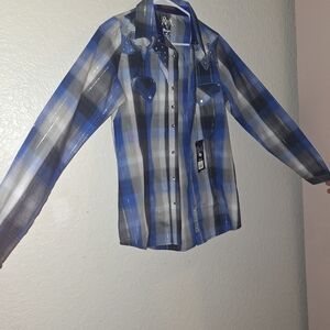 Wrangler Cowgirl Blue and White Plaid Blouse